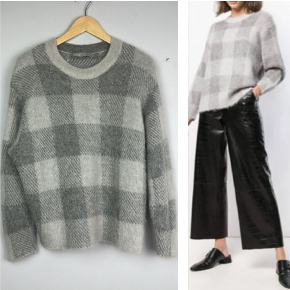 Vince Gray Plaid Alpaca Mohair Blend Crewneck Slouchy Sweater Size XS Cozy Fall
